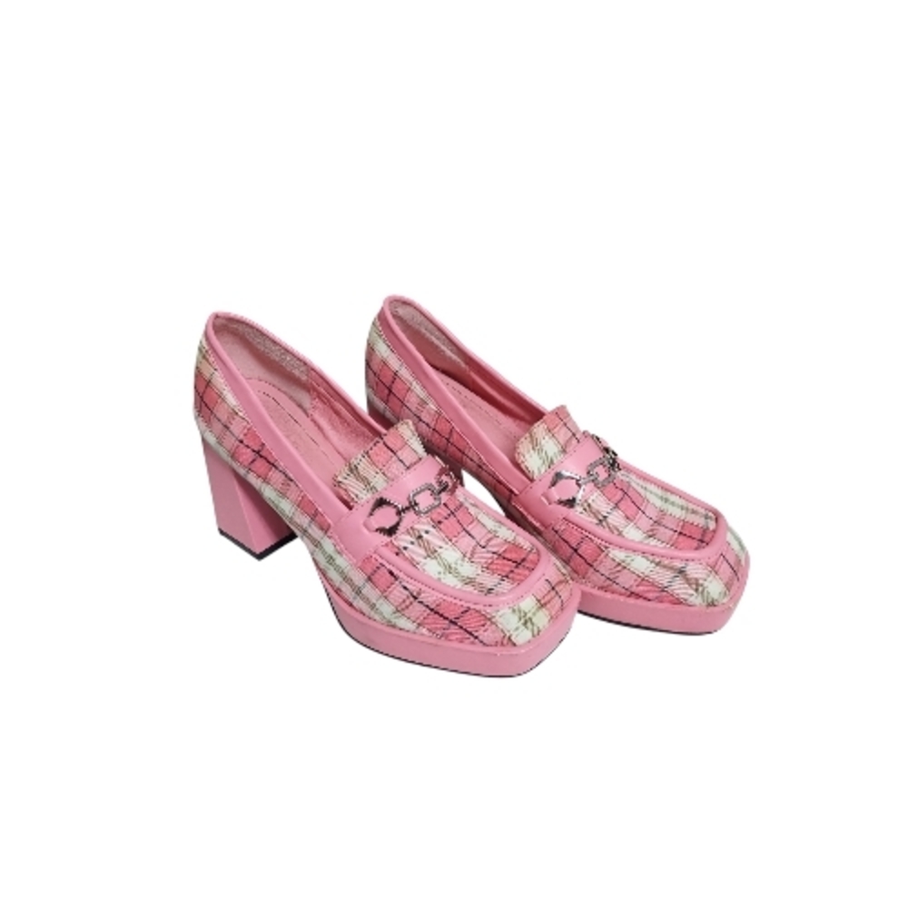 SHEIN Pink Plaid Heeled Loafers